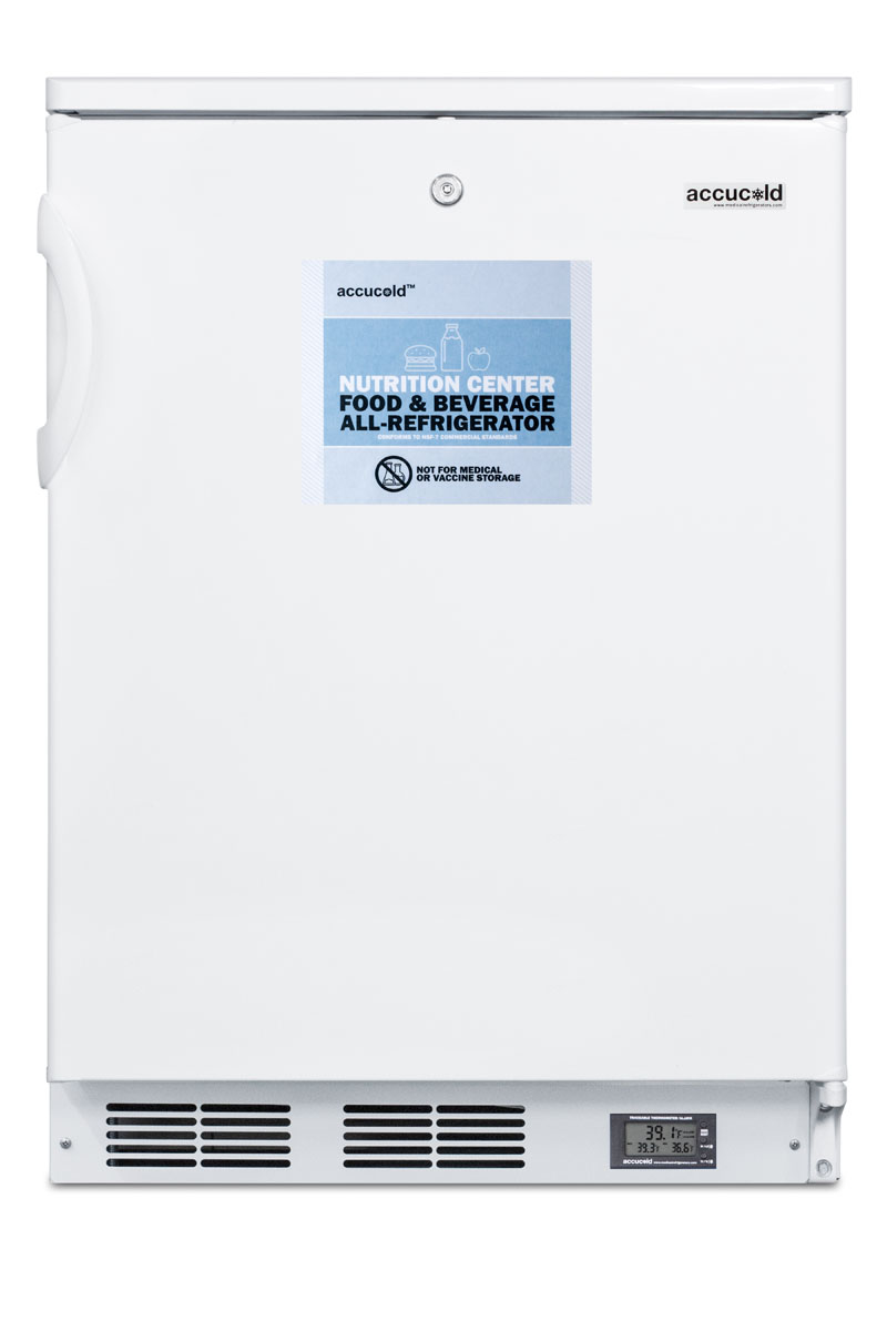 Commercially approved Nutrition Center series all-refrigerator in white for built-in or freestanding use, with front lock and digital temperature display
